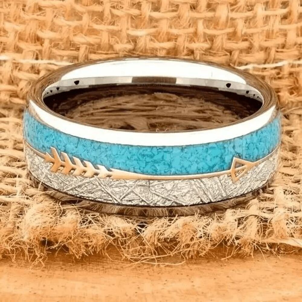 Western Arrow Turquoise Inlay Stainless Steel Wedding Mens Ring